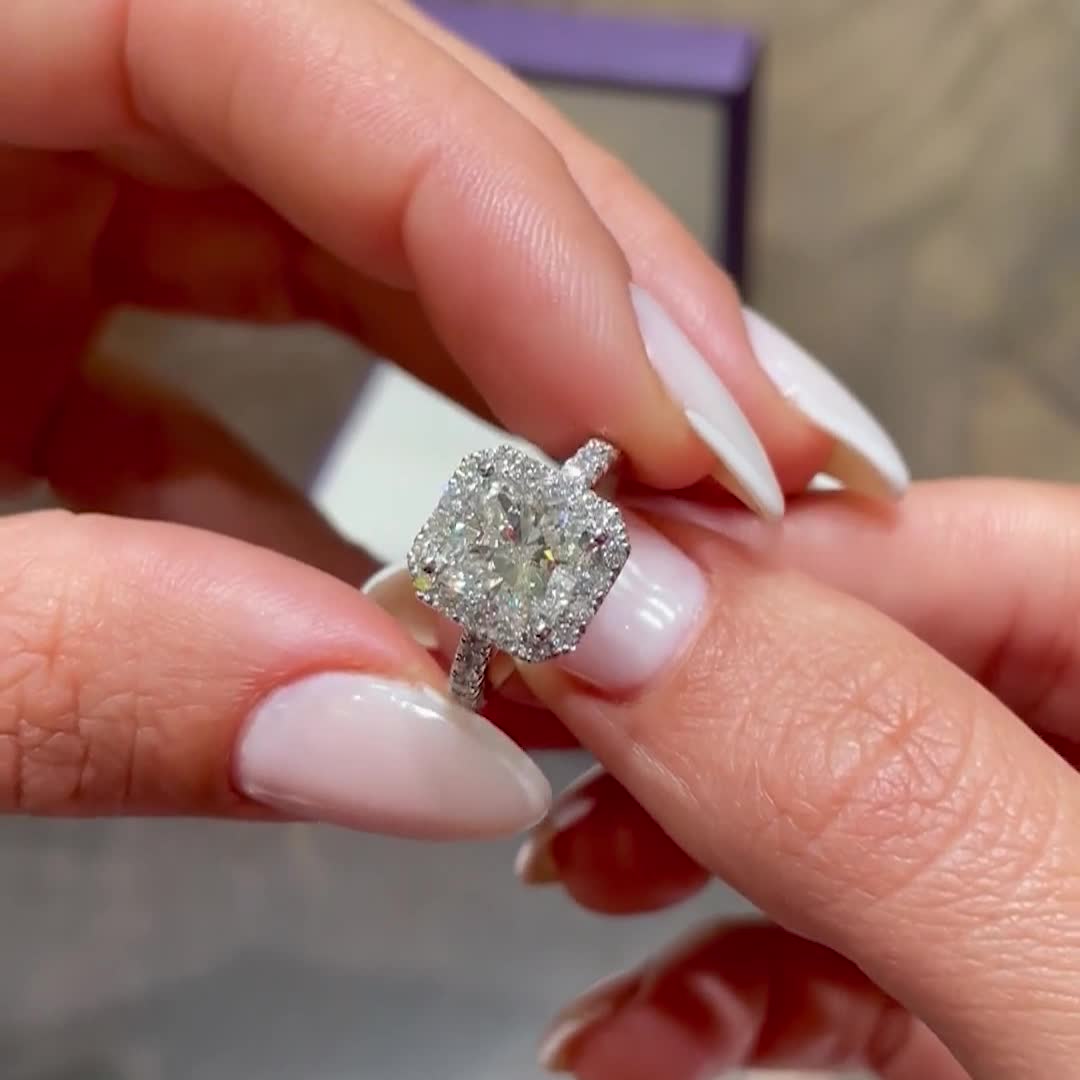 Andrea Diamond Engagement Ring -18K White Gold, Halo, Radiant,